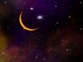 Naklejka na ściany i meble A smiling moon, a moon with stars nearby in the night sky. Illustrations created on the tablet are used as backgrounds or wallpapers and themes.