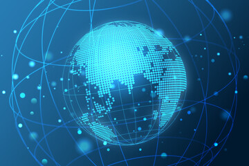 Map World representing the global network line wire frame banner on blue background