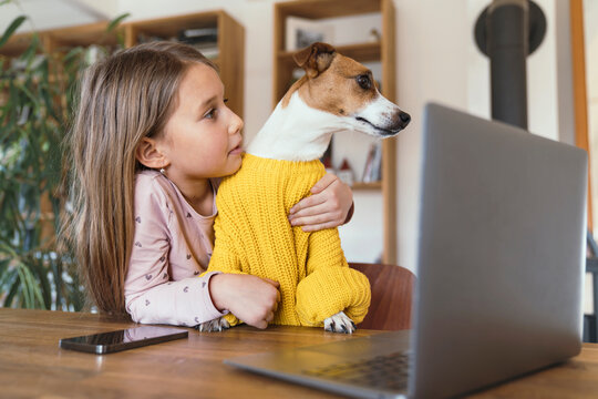 Cute girl looking at dog while sitting with laptop and smart phone at table