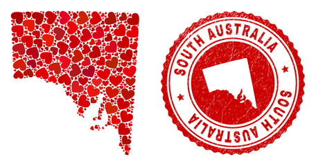 Collage South Australia map designed with red love hearts, and rubber stamp. Vector lovely round red rubber stamp imprint with South Australia map inside.