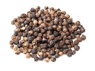 pile of black pepper peppercorns closeup on white