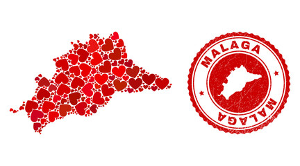 Collage Malaga Province map composed from red love hearts, and textured seal stamp. Vector lovely round red rubber seal stamp imprint with Malaga Province map inside.