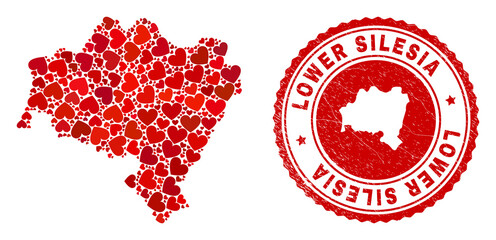 Collage Lower Silesia Province map created with red love hearts, and rubber stamp. Vector lovely round red rubber stamp imitation with Lower Silesia Province map inside.