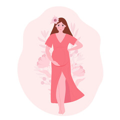 A pregnant young woman in a long dress. Beautiful girl future mother among the flowers. Flat vector illustration, maternity and health concept for design, postcards and flyers.