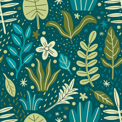 Seamless pattern leaves plant green color.Floral motif nature abstract print.Modern summer background.