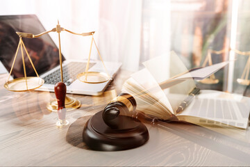 Business and lawyers discussing contract papers with brass scale on desk in office. Law, legal services, advice, justice and law concept picture with film grain effect