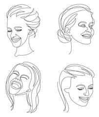 Collection. Woman head silhouette in modern one line style. The lady laughs. Continuous line drawing, aesthetic outline for home decor, posters, wall art, stickers, logo. Vector illustration set.