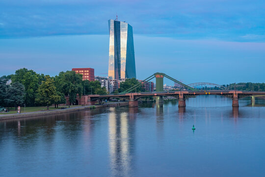 View of the Main at night with European Central Bank, Ignatz Bubis and Flossen bridge, Frankfurt, Germany