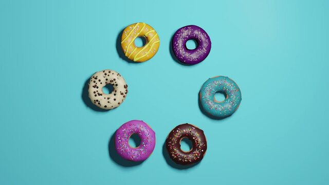 Assorted donuts with colorful icings on blue background. 3d illustration. Colorful donuts background. Various glazed doughnuts with sprinkles. 3d render illustration.