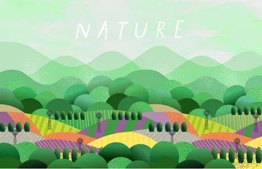 Fototapeten Nature and landscape. Vector illustration of trees, forest, mountains, flowers, plants, houses, fields, farms and villages. Picture for background, card or cover © Ardea-studio