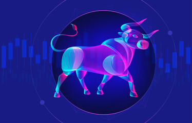 Trading and finance investment strategy concept with abstract bullish silhouette and candlestick chart on a background. Vector illustration of a standing neon bull with growing stock market diagram