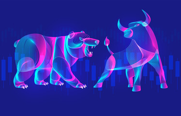 Trading and finance investment strategy concept with abstract bullish and bearish silhouettes with candlestick chart. Vector illustration of confronting neon bull and bear with growing market diagram