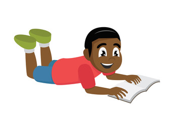 African Boy reading book, lying down on white background.