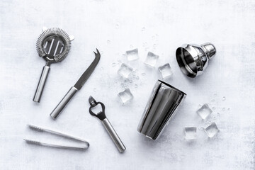 Set of bartender tools and accessories with a cocktail shaker
