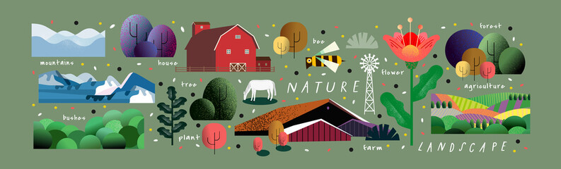 Nature and landscape. Vector illustration of trees, forest, mountains, flowers, plants, houses, fields, farms and villages. Picture for background, card or cover © Ardea-studio