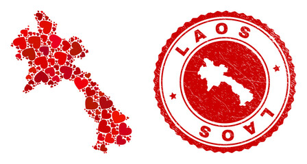 Collage Laos map composed with red love hearts, and grunge seal stamp. Vector lovely round red rubber seal stamp imitation with Laos map inside.