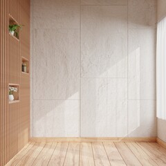Empty room with white concrete walls. The side is a wooden wall with shelves.3d rendering.