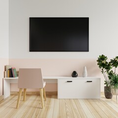 TV on the white and cream wall in the living room with books and vases on the table and the armchairs and trees on the wooden floor.3d rendering.