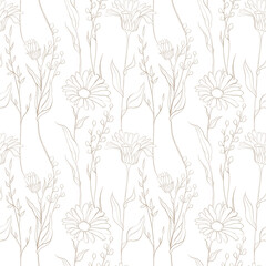 Meadow flowers seamless pattern. Summer flowers. Pencil Sketched flowers. Flowers field pattern.