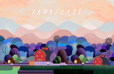Nature and landscape. Vector illustration of trees, forest, mountains, flowers, plants, houses, field, farm and village. Picture for background, card or cover