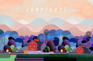 Abwaschbare Fototapete Nature and landscape. Vector illustration of trees, forest, mountains, flowers, plants, houses, field, farm and village. Picture for background, card or cover © Ardea-studio