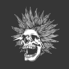 Original monochrome vector illustration. A crazy skull with a crazy hairstyle with sparks from the eyes. T-shirt design, stickers, print.