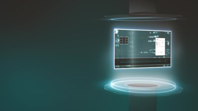 Digital credit card with fingerprint verification rotates as hologram. Animated seamless loop background, modern payment, online shopping, payment methods