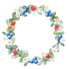 Hand-drawn watercolor wreath with strawberry, blueberry, flowers and green leaves. Illustration for decoration of wedding invitations, cards, packaging. Summer rustic style.
