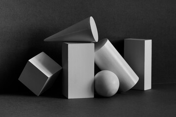 Abstract geometrical objects still life composition. Three-dimensional rectangular prism, cylinder...