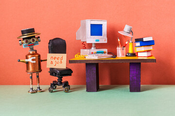 Unemployed robot manager retro style office workplace background. Vintage computer table, leather...