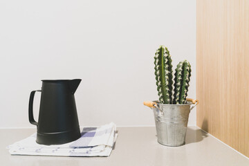 Pot with various cactus plants in pots on table front