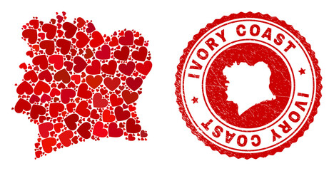 Mosaic Ivory Coast map designed with red love hearts, and rubber seal stamp. Vector lovely round red rubber seal imprint with Ivory Coast map inside.