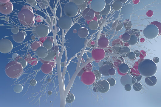 Digitally generated image pastel balls growing on white tree