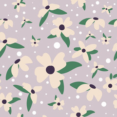 Cream colored flowers and green leaves pattern with purple background  , Modern stylish abstract texture, Vector EPS 10