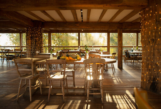Autumn pumpkins and gourds on rustic table in restaurant