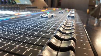 Music mixer control panel. Sound Control Sliders. Audio mixing console with lights, buttons, faders...