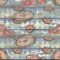 Alice in Wonderland cute watercolor seamless pattern on seamless wooden background