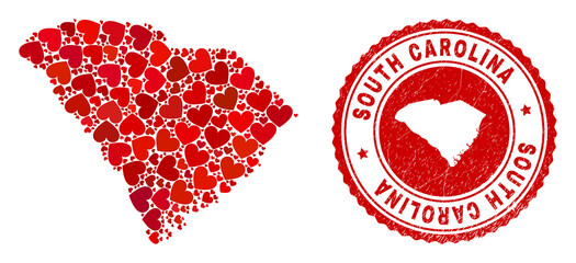 Mosaic South Carolina State map composed with red love hearts, and grunge badge. Vector lovely round red rubber seal imitation with South Carolina State map inside.