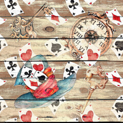 Alice in Wonderland cute watercolor seamless pattern on seamless wooden background - obrazy, fototapety, plakaty