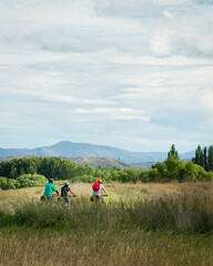Three cyclists riding the Otago Central Rail Trail with rolling mountain ranges in the distance, South Island. Vertical format.