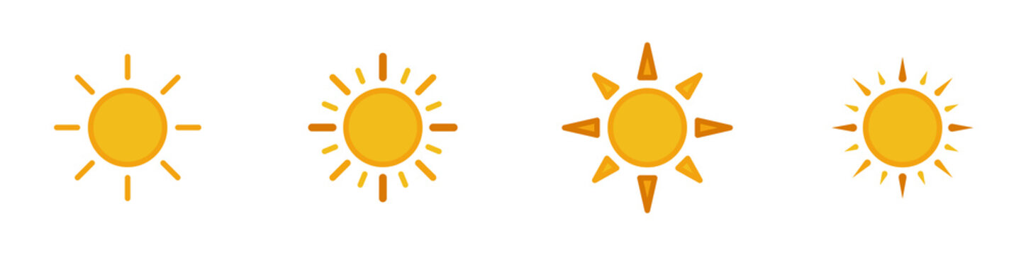 Conjunto de iconos de sol amarillo estilo silueta amarillo. Sol, astro, luz. Concepto de amanecer. Ilustraci&oacute;n vectorial