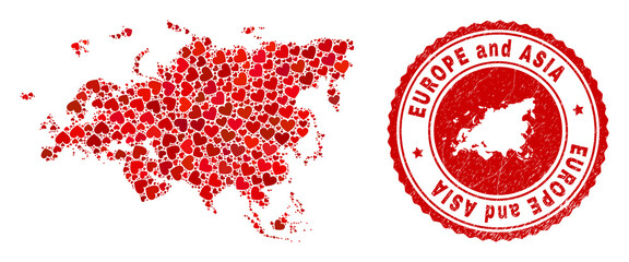 Collage Europe and Asia map formed with red love hearts, and rubber stamp. Vector lovely round red rubber stamp imitation with Europe and Asia map inside.
