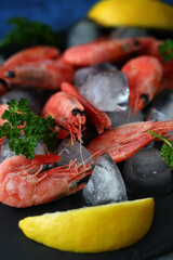Selective focus. Spiced shrimps on ice. Fresh frozen shrimps. Seafood.