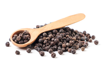 Black peppercorns in a wooden spoon on a white background. Isolated