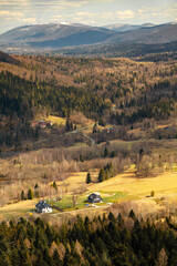 Sunny landscape of the beautiful valley, Bieszczady Mountains, Poland