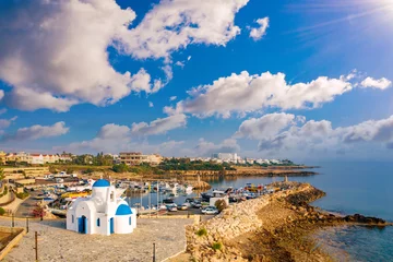 Tragetasche Cyprus. Protaras. The Port Of Paralimni. Pernera. Panorama of the Mediterranean coast from a height. Church of St. Nicholas in Cyprus. Cyprus beach resort. Boat Harbor. Rest on the Mediterranean sea © Grispb