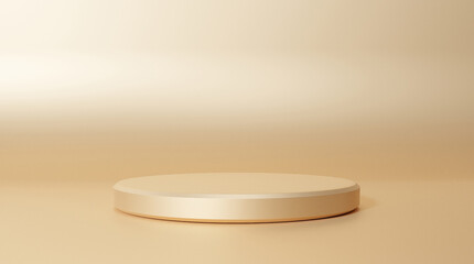 Gold podium color 3D background with empty geometric shapes circle, pedestal on one floors Curved wall the platform for product presentation minimal stand, copy space, rendering