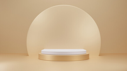 3D rendering gold color background with geometric shapes, clean pedestal on two floors, circle Curved for platform background product presentation, stand, promotion, sale, cosmetics