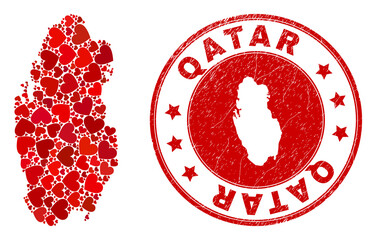Mosaic Qatar map formed with red love hearts, and corroded seal. Vector lovely round red rubber seal stamp imprint with Qatar map inside. Geographic abstraction of Qatar map with red romance symbols.