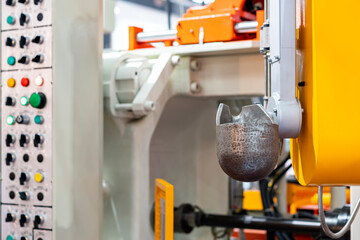 Pouring ladle cup for scoop molten metal from container or melting furnace to mold with automatic mechanical arm and component of high pressure die casting machine